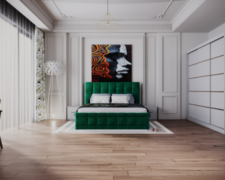 Dormitor Regal cu Pat Tapitat Stofa Verde cu dulap 250*200 usi glisante Alb, noptiere si comoda [1]