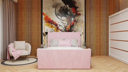 Seturi Dormitor - Dormitor Tony Tapitat 160x 200  Stofa Roz cu dulap 200*200 usi glisante Alb, noptiere si comoda