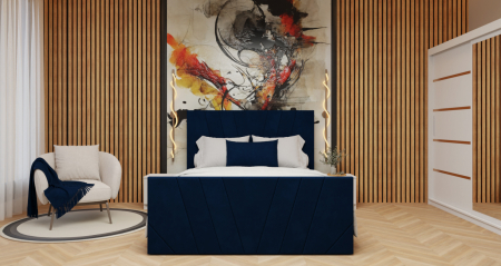 Seturi Dormitor - Dormitor Tony Tapitat Stofa Albastra cu dulap 200*200 usi glisante Alb, Cu Oglinda, noptiere si comoda