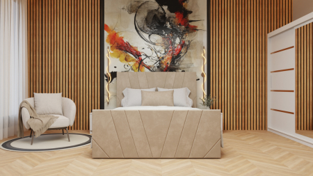 Seturi Dormitor - Dormitor Tony Tapitat Stofa Bej cu dulap 200*200 usi glisante Alb cu Oglinda, noptiere si comoda