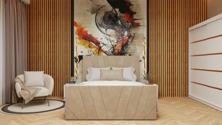 Seturi Dormitor - Dormitor Tony Tapitat Stofa Bej cu dulap 200*200 usi glisante Alb, noptiere si comoda