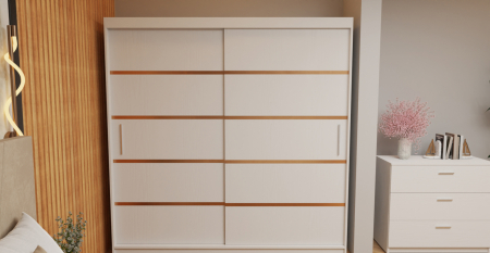 Dormitor Tony Tapitat Stofa Bej cu dulap 200*200 usi glisante Alb, noptiere si comoda [2]