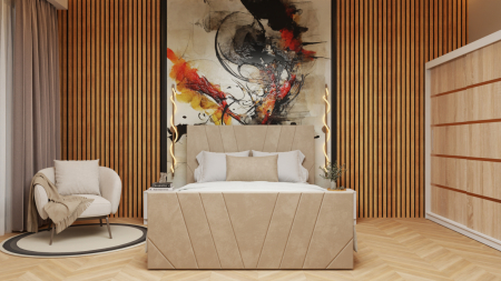 Seturi Dormitor - Dormitor Tony Tapitat Stofa Bej cu dulap 200*200 usi glisante Sonoma&Alb, noptiere si comoda