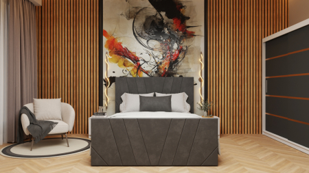 Seturi Dormitor - Dormitor Tony Tapitat Stofa Gri cu dulap 200*200 usi glisante Alb&Antracit, noptiere si comoda