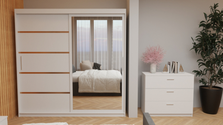 Dormitor Tony Tapitat Stofa Gri cu dulap 200*200 usi glisante Alb cu Oglinda, noptiere si comoda [3]