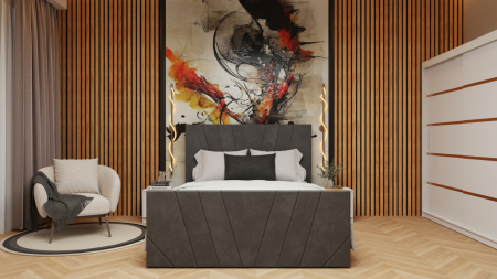 Seturi Dormitor - Dormitor Tony Tapitat Stofa Gri cu dulap 200*200 usi glisante Alb, noptiere si comoda