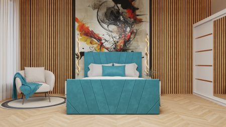 Seturi Dormitor - Dormitor Tony Tapitat Stofa Turcoaz cu dulap 200*200 usi glisante Alb cu Oglinda, noptiere si comoda