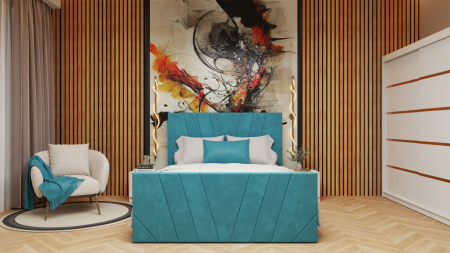 Seturi Dormitor - Dormitor Tony Tapitat Stofa Turcoaz cu dulap 200*200 usi glisante Alb, noptiere si comoda