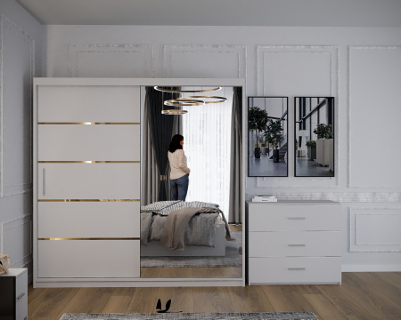 Dormitor Vista cu Pat Tapitat Alb cu dulap 200*200 usi glisante Alb cu Oglinda, noptiere si comoda [3]