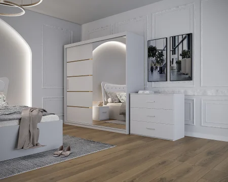 Dormitor Vista cu Pat Tapitat Alb cu dulap 200*200 usi glisante Alb cu Oglinda, noptiere si comoda [4]