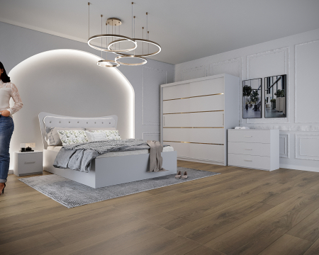 Seturi Dormitor - Dormitor Vista cu Pat Tapitat Alb cu dulap 200*200 usi glisante Alb, noptiere si comoda