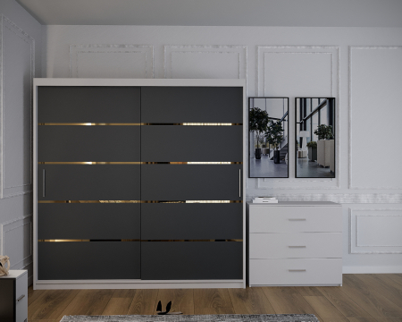 Dormitor Vista cu Pat Tapitat Antracit&Alb cu dulap 200*200 usi glisante Antracit&Alb, noptiere si comoda [4]