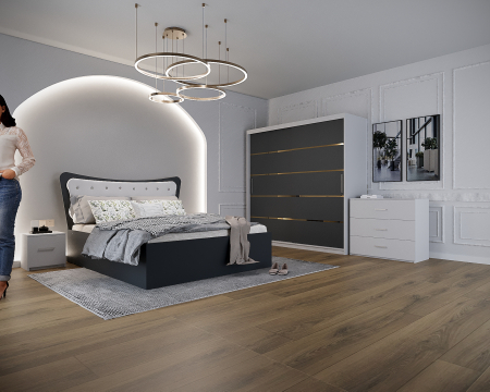 Dormitor Vista cu Pat Tapitat Antracit&Alb cu dulap 200*200 usi glisante Antracit&Alb, noptiere si comoda [3]