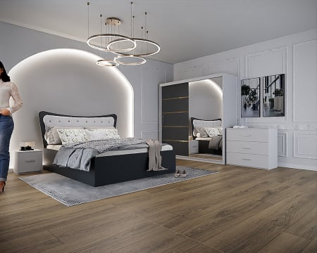 Dormitor Vista cu Pat Tapitat Antracit&Alb cu dulap 200*200 usi glisante AntracitAlb cu Oglinda, noptiere si comoda Seturi Dormitor - Dormitor Vista cu Pat Tapitat Antracit&Alb cu dulap 200*200 usi glisante AntracitAlb cu Oglinda, noptiere si comoda