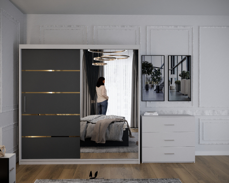 Dormitor Vista cu Pat Tapitat Antracit&Alb cu dulap 200*200 usi glisante AntracitAlb cu Oglinda, noptiere si comoda [2]