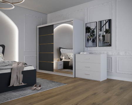 Dormitor Vista cu Pat Tapitat Antracit&Alb cu dulap 200*200 usi glisante AntracitAlb cu Oglinda, noptiere si comoda [3]