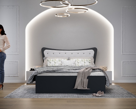 Dormitor Vista cu Pat Tapitat Antracit&Alb cu dulap 200*200 usi glisante AntracitAlb cu Oglinda, noptiere si comoda [1]