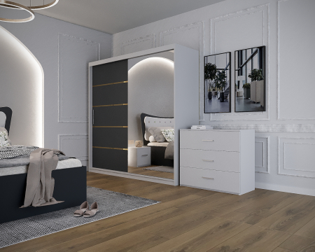 Dormitor Vista cu Pat Tapitat Antracit&Alb cu dulap 200*200 usi glisante AntracitAlb cu Oglinda, noptiere si comoda [3]