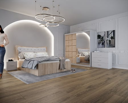 Dormitor Vista cu Pat Tapitat Sonoma&Alb cu dulap 200*200 usi glisante Sonoma&Alb cu Oglinda, noptiere si comoda Seturi Dormitor - Dormitor Vista cu Pat Tapitat Sonoma&Alb cu dulap 200*200 usi glisante Sonoma&Alb cu Oglinda, noptiere si comoda