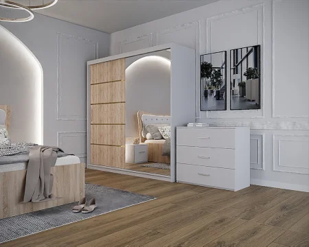 Dormitor Vista cu Pat Tapitat Sonoma&Alb cu dulap 200*200 usi glisante Sonoma&Alb cu Oglinda, noptiere si comoda [4]