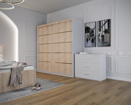 Dormitor Vista cu Pat Tapitat Sonoma&Alb cu dulap 200*200 usi glisante Sonoma&Alb, noptiere si comoda [2]