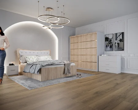 Dormitor Vista cu Pat Tapitat Sonoma&Alb cu dulap 200*200 usi glisante Sonoma&Alb, noptiere si comoda Seturi Dormitor - Dormitor Vista cu Pat Tapitat Sonoma&Alb cu dulap 200*200 usi glisante Sonoma&Alb, noptiere si comoda