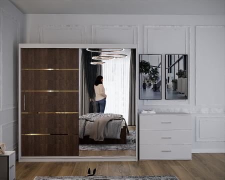 Dormitor Vista cu Pat Tapitat Wenge&Alb cu dulap 200*200 usi glisante Wenge&Alb cu Oglinda, noptiere si comoda [2]