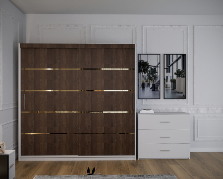 Dormitor Vista cu Pat Tapitat Wenge&Alb cu dulap 200*200 usi glisante Wenge&Alb, noptiere si comoda [2]