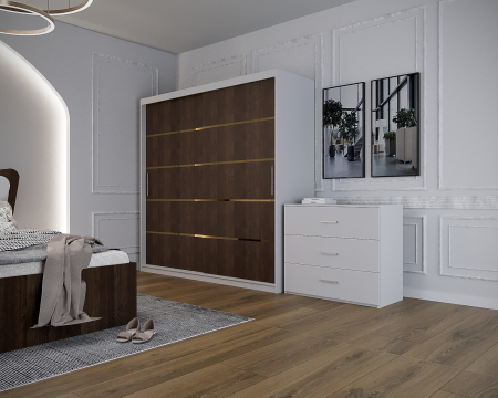 Dormitor Vista cu Pat Tapitat Wenge&Alb cu dulap 200*200 usi glisante Wenge&Alb, noptiere si comoda [4]