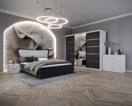 Seturi Dormitor - Dormitor Vista Tapitat Alb&Gri Antracit Dressing 3 usi cu Oglinda 250x200