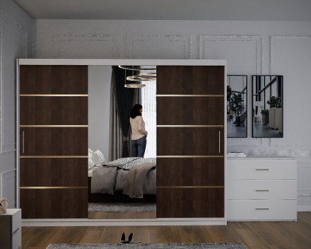 Dormitor Vista Tapitat Wenge&Alb Dressing 3 usi cu Oglinda 250x200 [2]