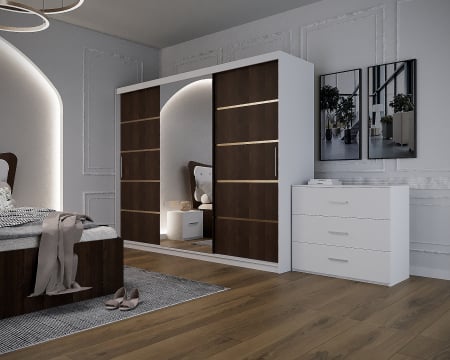 Dormitor Vista Tapitat Wenge&Alb Dressing 3 usi cu Oglinda 250x200 [4]