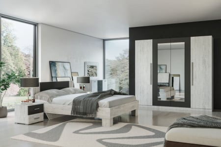 Mobila Dormitor - Mobila dormitor Lileya, cu pat, comoda, noptiera, dulap, Alaska/Antracit