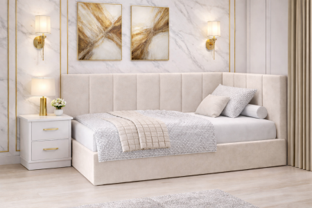 Mobila Dormitor - Pat Tapitat Bubu cu Somiera Rabatabila si Lada de depozitare