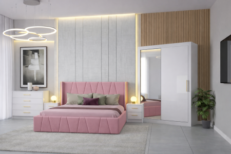 Mobila Dormitor - Set Dormitor Eva MDF lucios cu Somiera rabatabila si lada, dressing 150x200