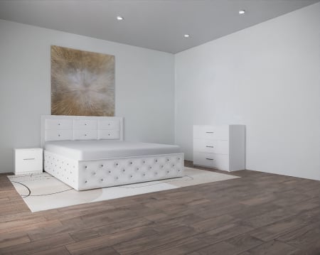 Paturi Tapitate - Set Pat Nemira New Alb cu Noptiere Si Comoda