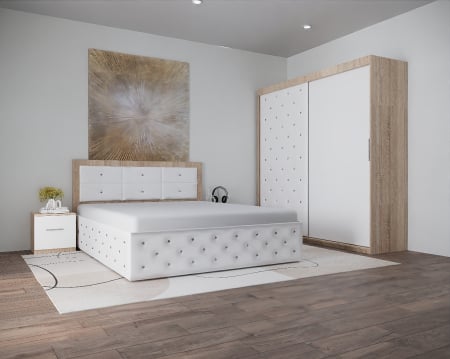 Mobila Dormitor - Set Pat Nemira New Tapitat cu Noptiere si Dressing Sonoma&Alb