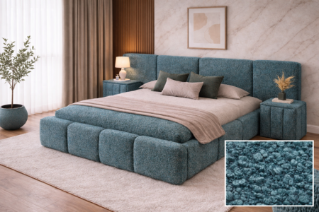 Mobila Dormitor - SET Pat ROYAL cu 2 noptiere tapitate, calitate superioara ✔