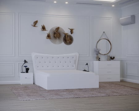 Paturi Tapitate - Set Pat Vista Tapitat Alb cu Noptiere si Comoda