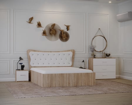 Paturi Tapitate - Set Pat Vista Tapitat Sonoma&Alb cu Noptiere si Comoda