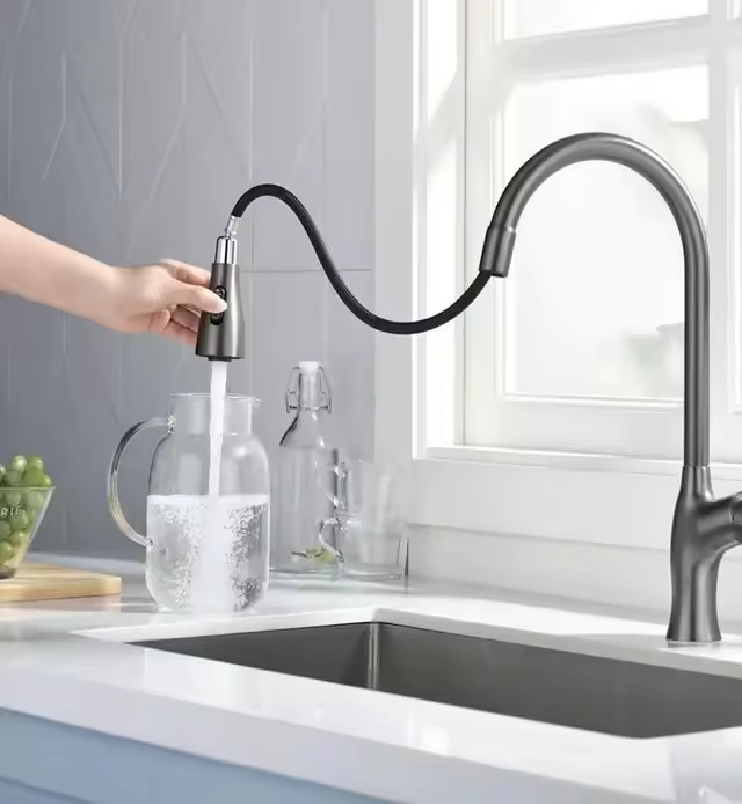 Baterie bucatarie cu dus extractibil, 3 moduri curgere apa, pivotanta 360°, H 45cm, dark grey, AVI-4093 [4]
