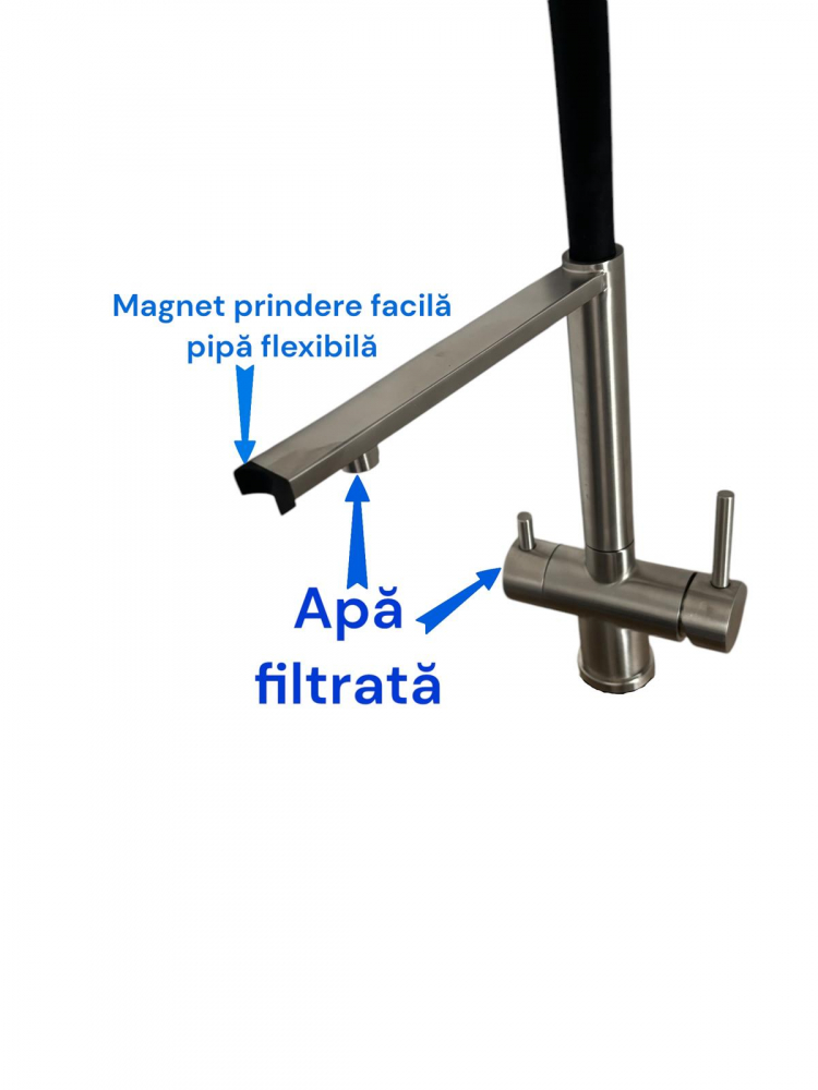 Baterie de bucatarie cu 3 cai, cu iesire pentru apa filtrata, pipa flexibila cu fixare magnetica, pivotanta 360°, H 50cm, 1900g, argintiu AVI-4840 [4]