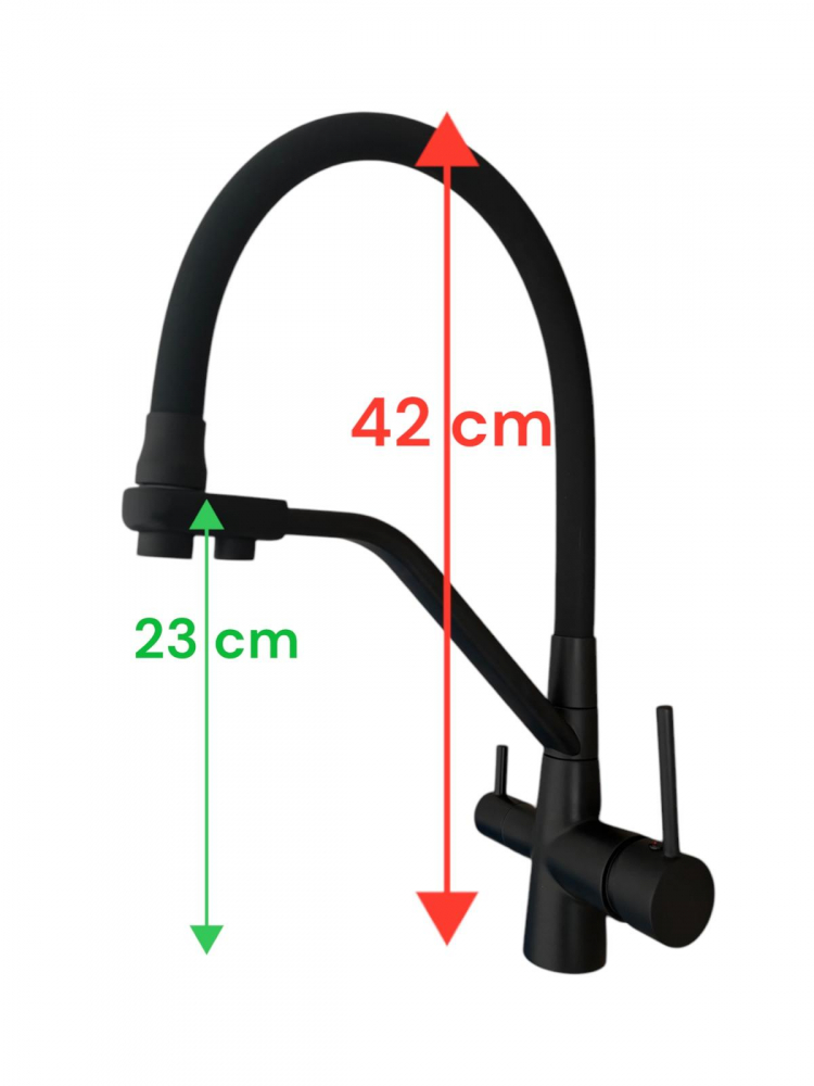 Baterie de bucatarie cu 3 cai, cu iesire pentru apa filtrata, pipa flexibila, pivotanta 360°, H 42cm, 1300g, negru mat AVI-4842 [3]