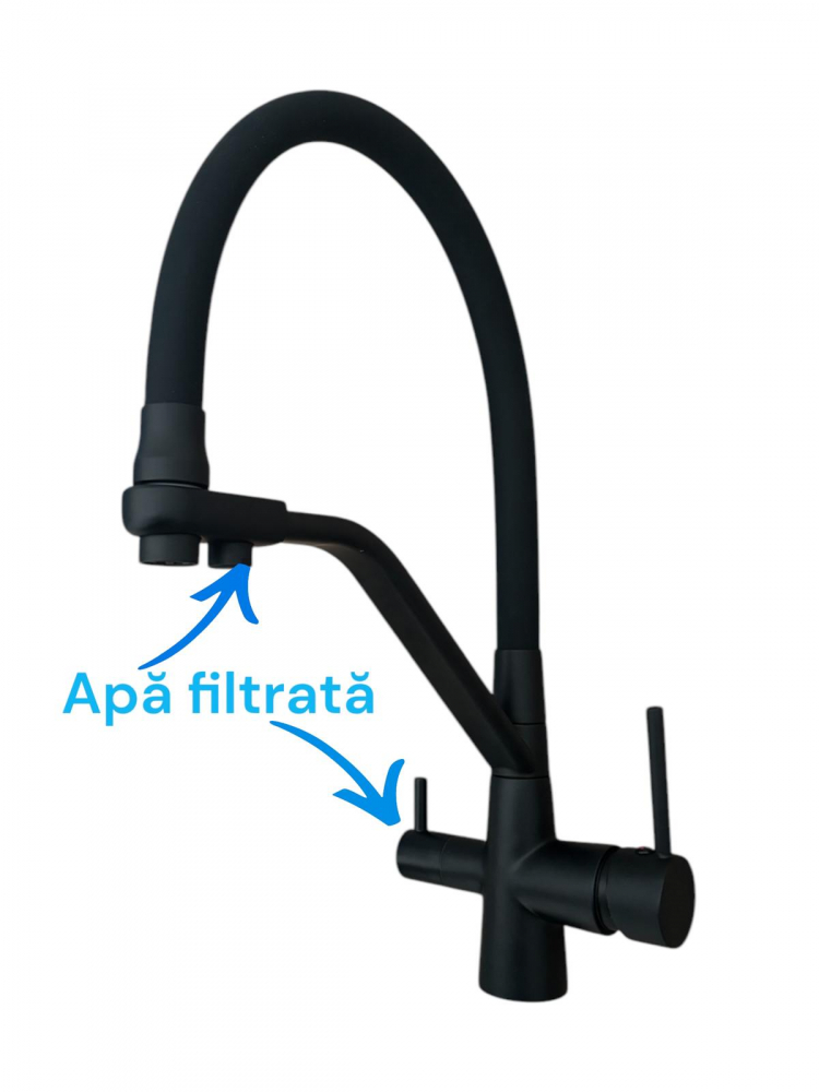 Baterie de bucatarie cu 3 cai, cu iesire pentru apa filtrata, pipa flexibila, pivotanta 360°, H 42cm, 1300g, negru mat AVI-4842 [2]