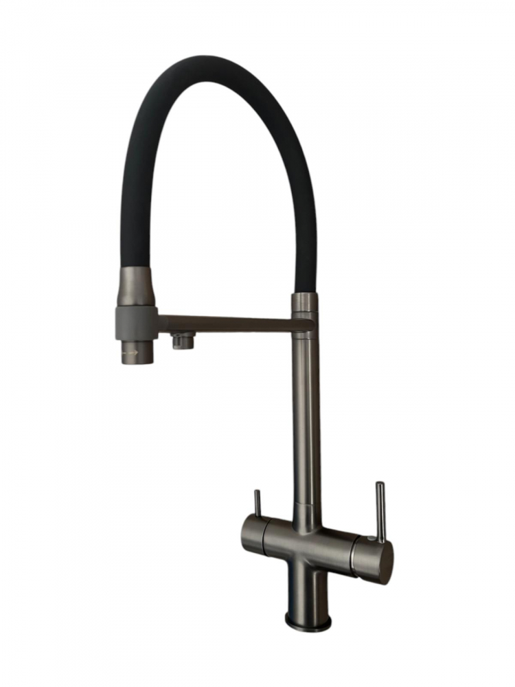 Baterie de bucatarie cu 3 cai, cu iesire pentru apa filtrata, pipa flexibila, pivotanta 360°, H 52cm, 1500g, gri AVI-4841 [5]