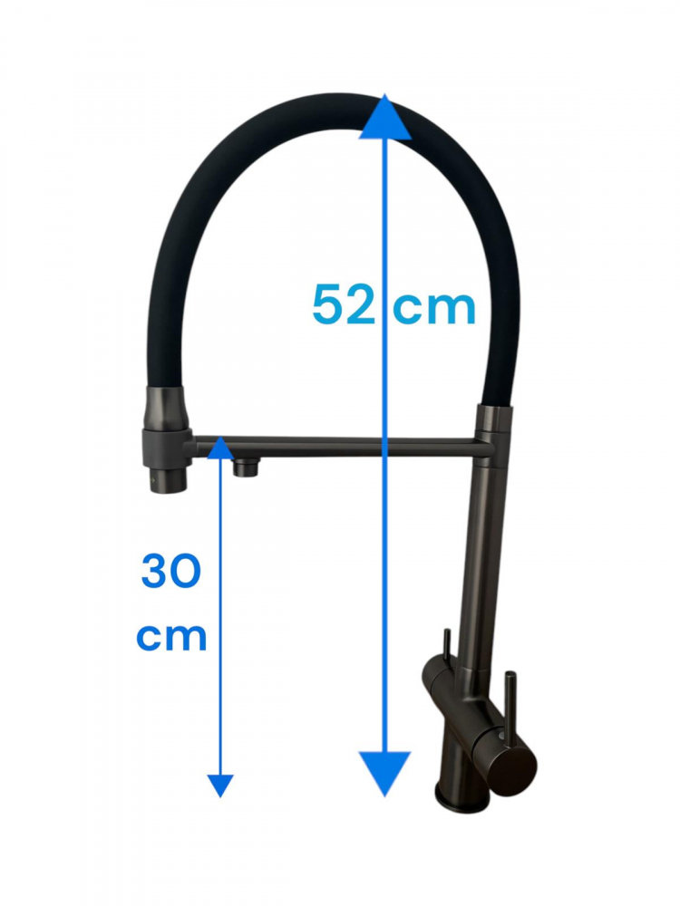 Baterie de bucatarie cu 3 cai, cu iesire pentru apa filtrata, pipa flexibila, pivotanta 360°, H 52cm, 1500g, gri AVI-4841 [3]