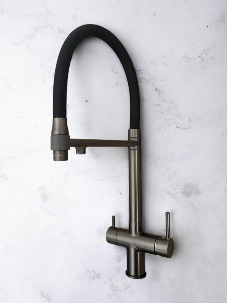 Baterie de bucatarie cu 3 cai, cu iesire pentru apa filtrata, pipa flexibila, pivotanta 360°, H 52cm, 1500g, gri AVI-4841 [1]