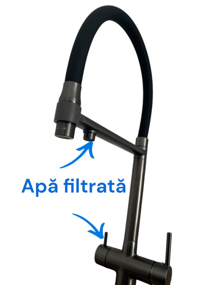 Baterie de bucatarie cu 3 cai, cu iesire pentru apa filtrata, pipa flexibila, pivotanta 360°, H 52cm, 1500g, gri AVI-4841 [2]