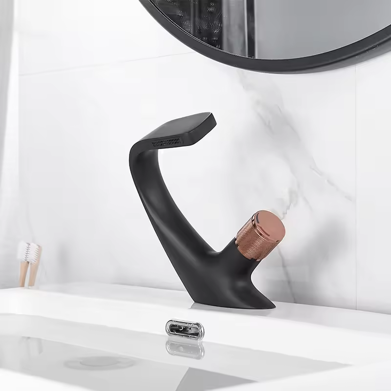 Baterie lavoar, chiuveta baie, curgere tip cascada, maner cilindric, H 17.5cm, negru - rose gold, AVI-4119 [2]