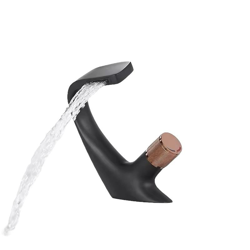 Baterie lavoar, chiuveta baie, curgere tip cascada, maner cilindric, H 17.5cm, negru - rose gold, AVI-4119 [3]